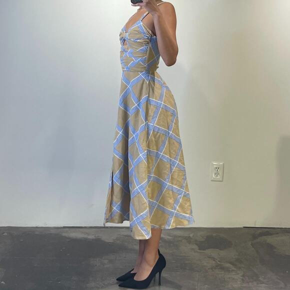 Cream and Blue Plaid Midi Dress - Picture 2 of 5